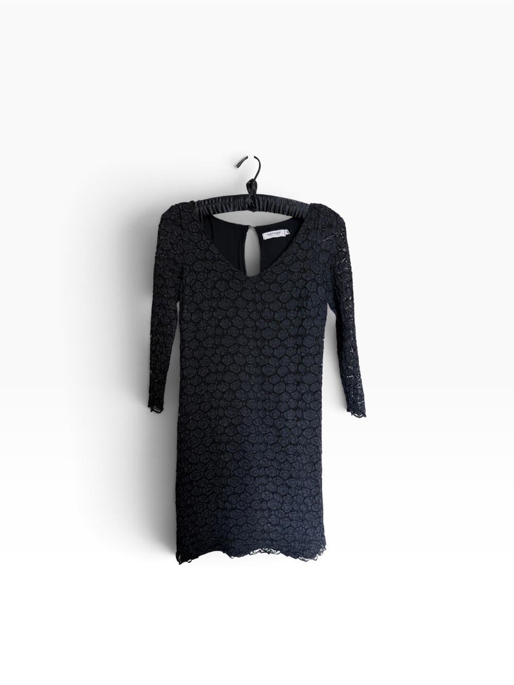 NAF NAF Black Lace Long-Sleeve Shift Dress with Keyhole Back